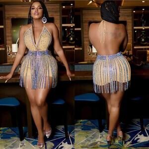 🦋B2G1🦋WESTERN FASHION 2pc Rhinestone Deep-V Open Back Romper & Tassel Skirt